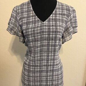 CAbi Black and White Flutter Sleeve Fitted Blouse